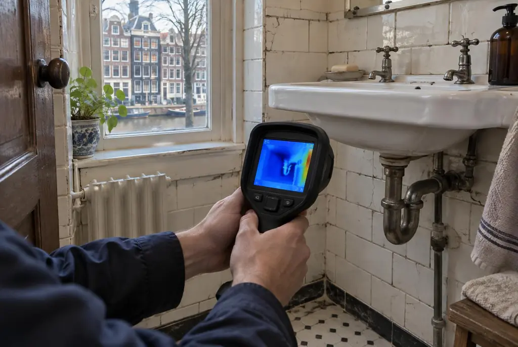 Lekdetectie Naaldwijk – badkamer met oude leidingen achter de tegels