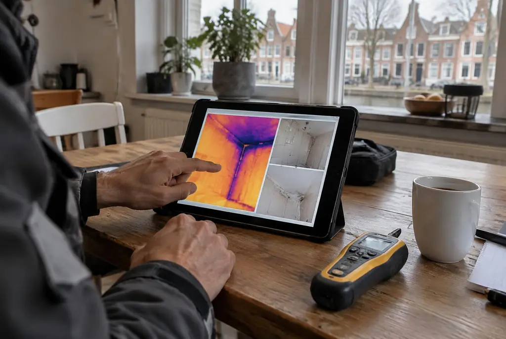 Lekdetectie Naaldwijk – lekdetectierapport met warmtebeelden en foto's op een tablet