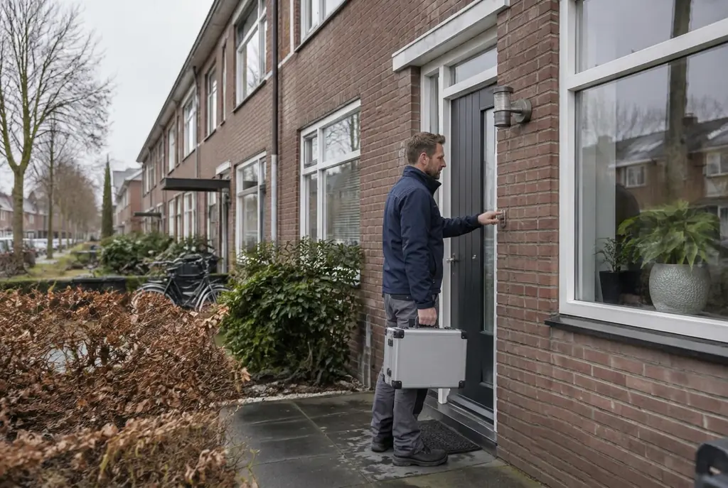Lekdetectiespecialist met meetkoffer bij de voordeur van een woning in Naaldwijk
